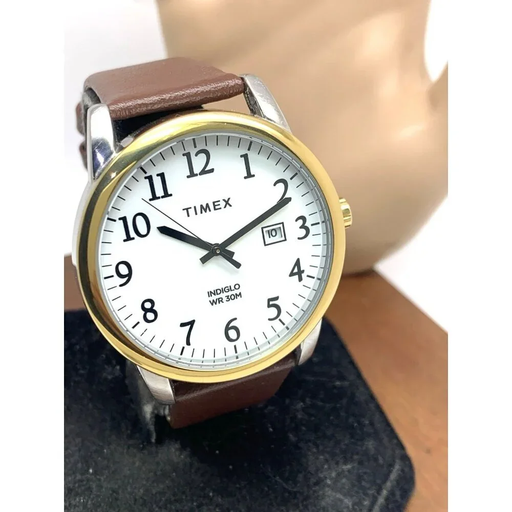 Timex Men's Watch TW2W52100 Quartz Indiglo White Dial Date Brown Leather 40mm